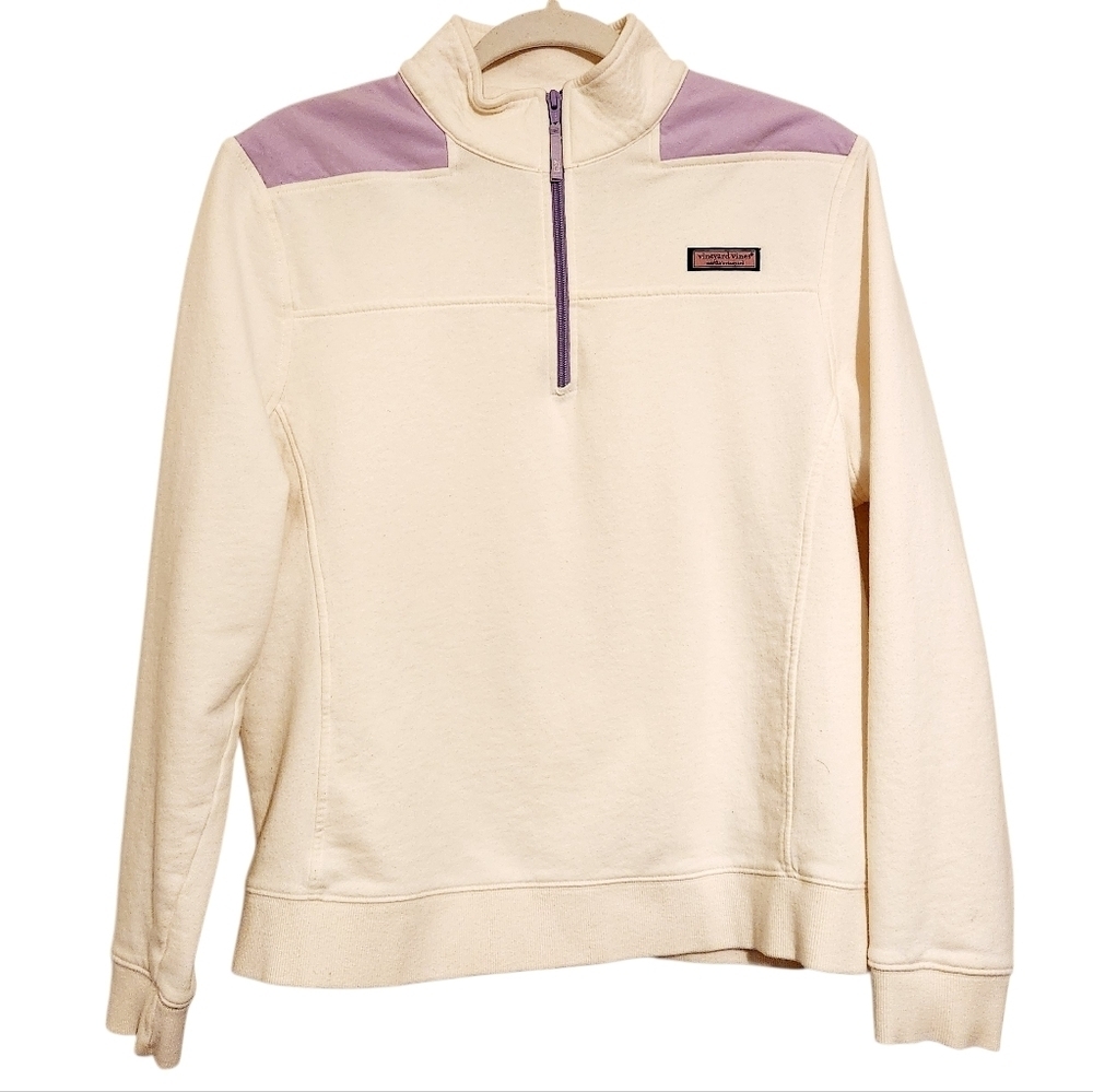 Vineyard Vines | Women's Ivory & Purple Quarter Zipper Shep Sweatshirt (Size XL)